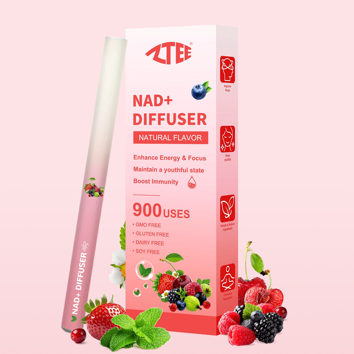single pack NAD+ diffuser stick 900 uses natural berry flavor for energy and focus