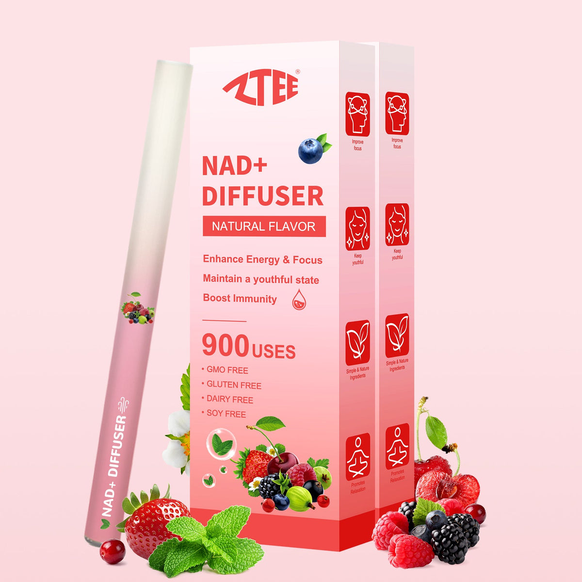 2 pack NAD+ diffuser sticks 900 uses each natural berry flavor energy aromatherapy bundle