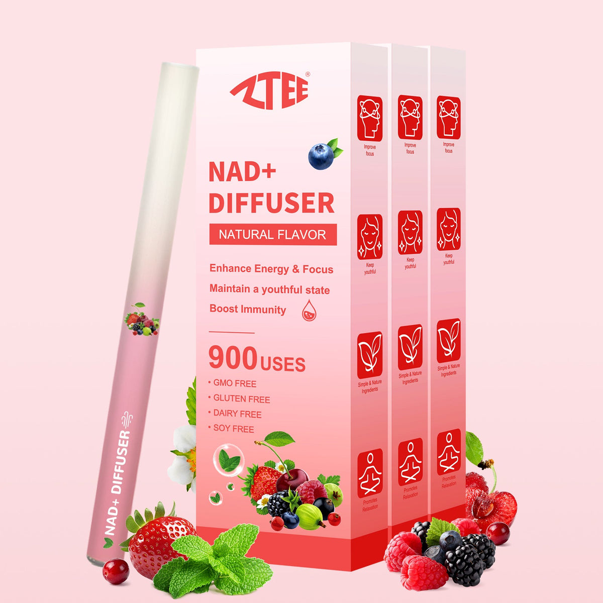 3 pack NAD+ diffuser sticks 900 uses each natural berry flavor energy and focus bundle