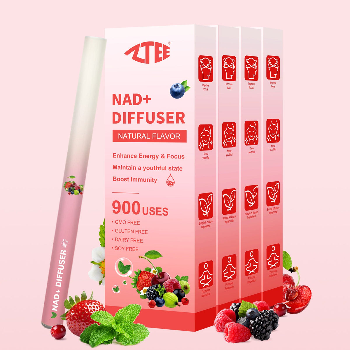 4 pack bulk NAD+ diffuser sticks 900 uses each natural berry flavor energy value bundle