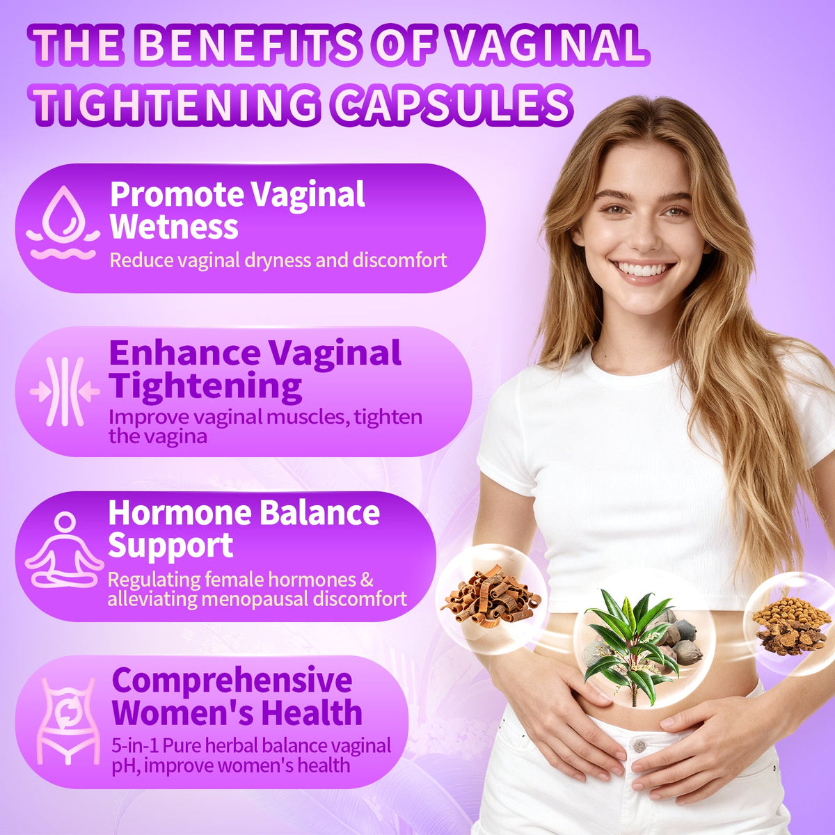 Femme Nourish herbal capsules benefits infographic for female intimate wellness hormone balance and pH support