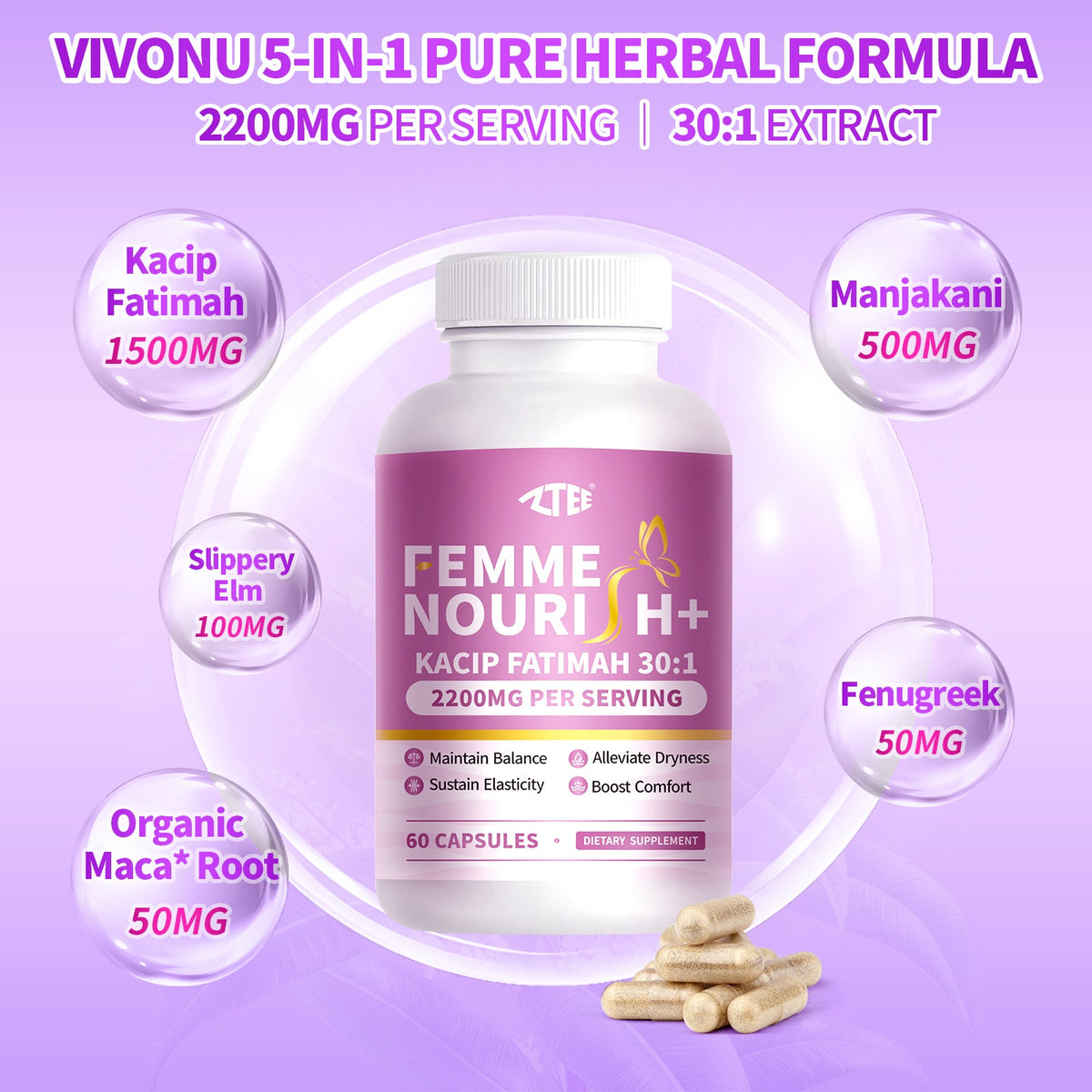 VivoNu Femme Nourish+ 2200mg capsules with Kacip Fatimah 30:1 Manjakani Maca for women health
