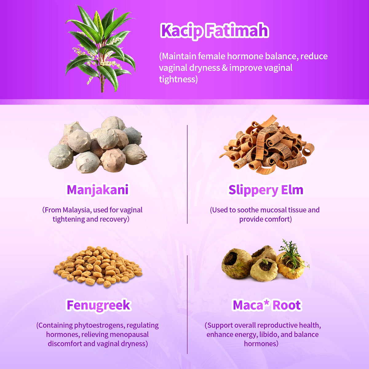 Femme Nourish ingredients infographic featuring Kacip Fatimah Manjakani Maca Fenugreek and Slippery Elm