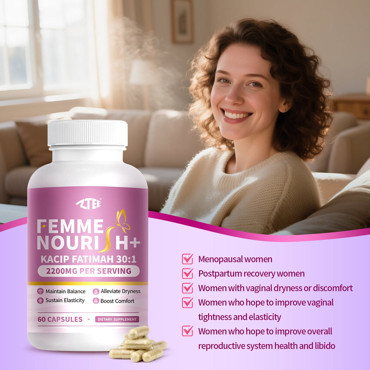 ZTEE Femme Nourish+ kacip fatimah 30:1 extract 2200mg capsules for women hormone balance