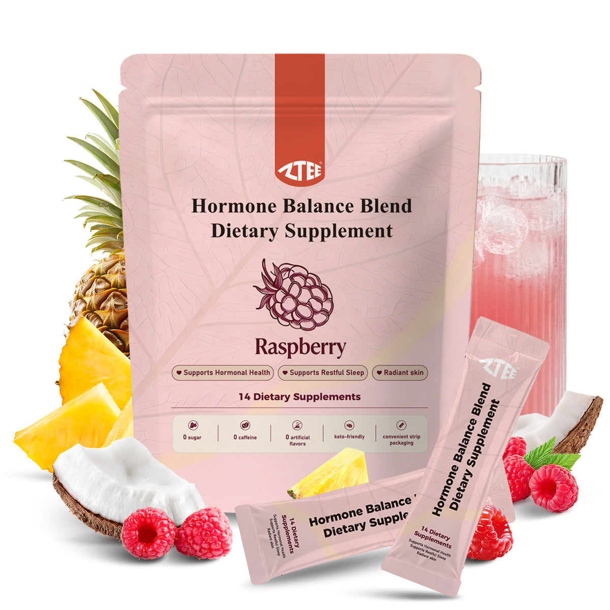Hormone Balance Powder (Raspberry Flavor) | Chasteberry, Ashwagandha, Cranberry & Grass-Fed Collagen Peptides | 8g × 14 Sticks | Caffeine-Free Women's Health Support