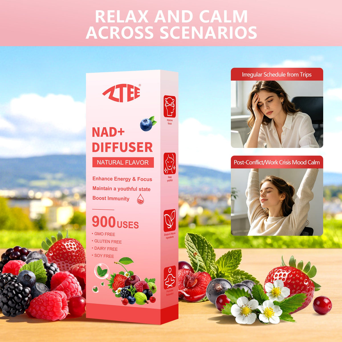 ZTEE NAD+ diffuser stick 900 uses for travel relaxation and work mood calm in natural berry flavor