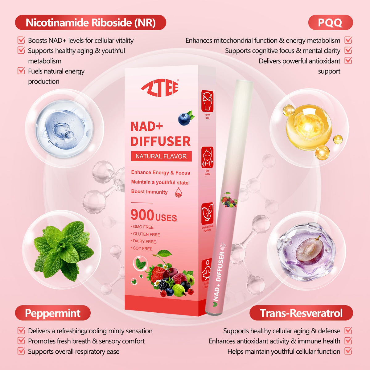 NAD+ diffuser stick with NR Resveratrol and PQQ 900 uses for energy and cognitive focus
