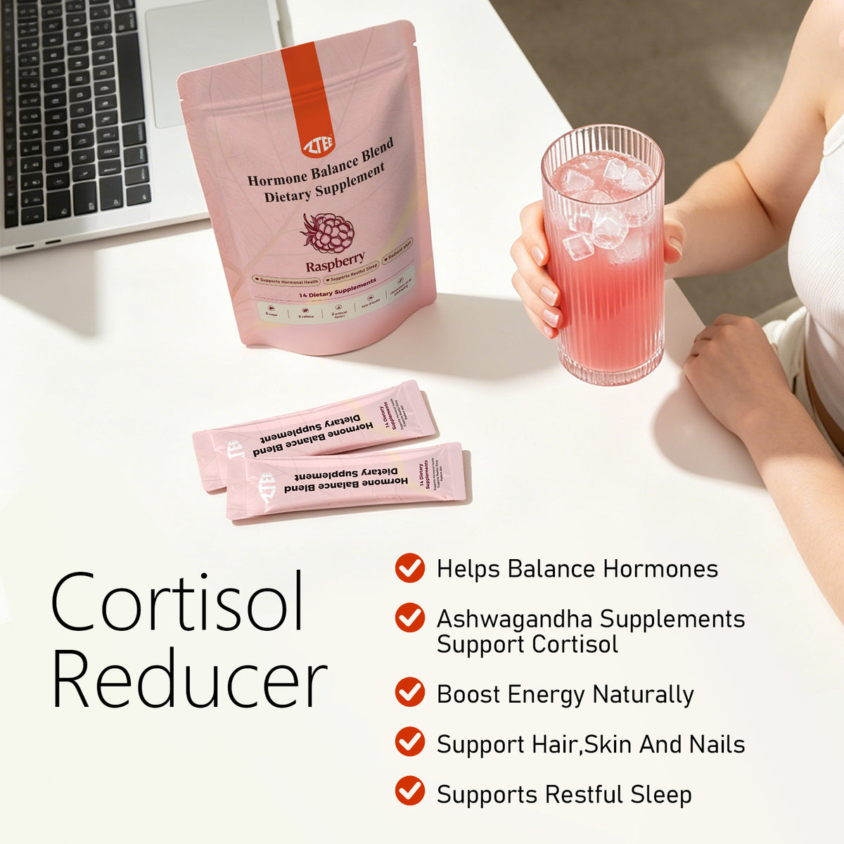Hormone Balance Powder (Raspberry Flavor) | Chasteberry, Ashwagandha, Cranberry & Grass-Fed Collagen Peptides | 8g × 14 Sticks | Caffeine-Free Women's Health Support