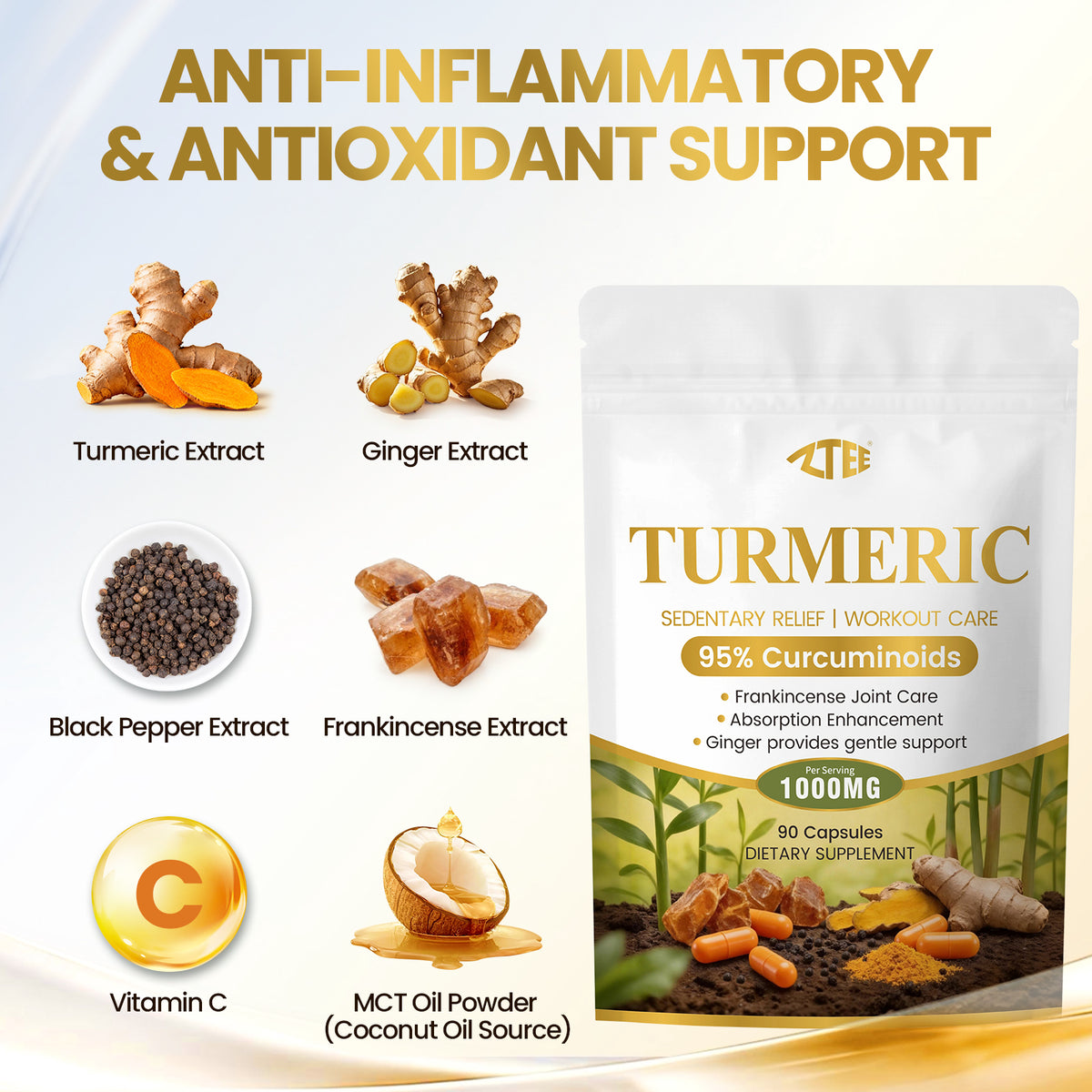 Turmeric Joint Comfort Capsules | Turmeric + Black Pepper + Boswellia + Ginger Extract | 90 Capsules | Anti-Inflammatory & Antioxidant Joint Support