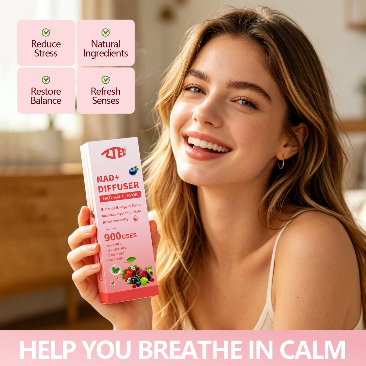 Woman holding NAD+ personal aromatherapy diffuser stick for natural stress relief and relaxation