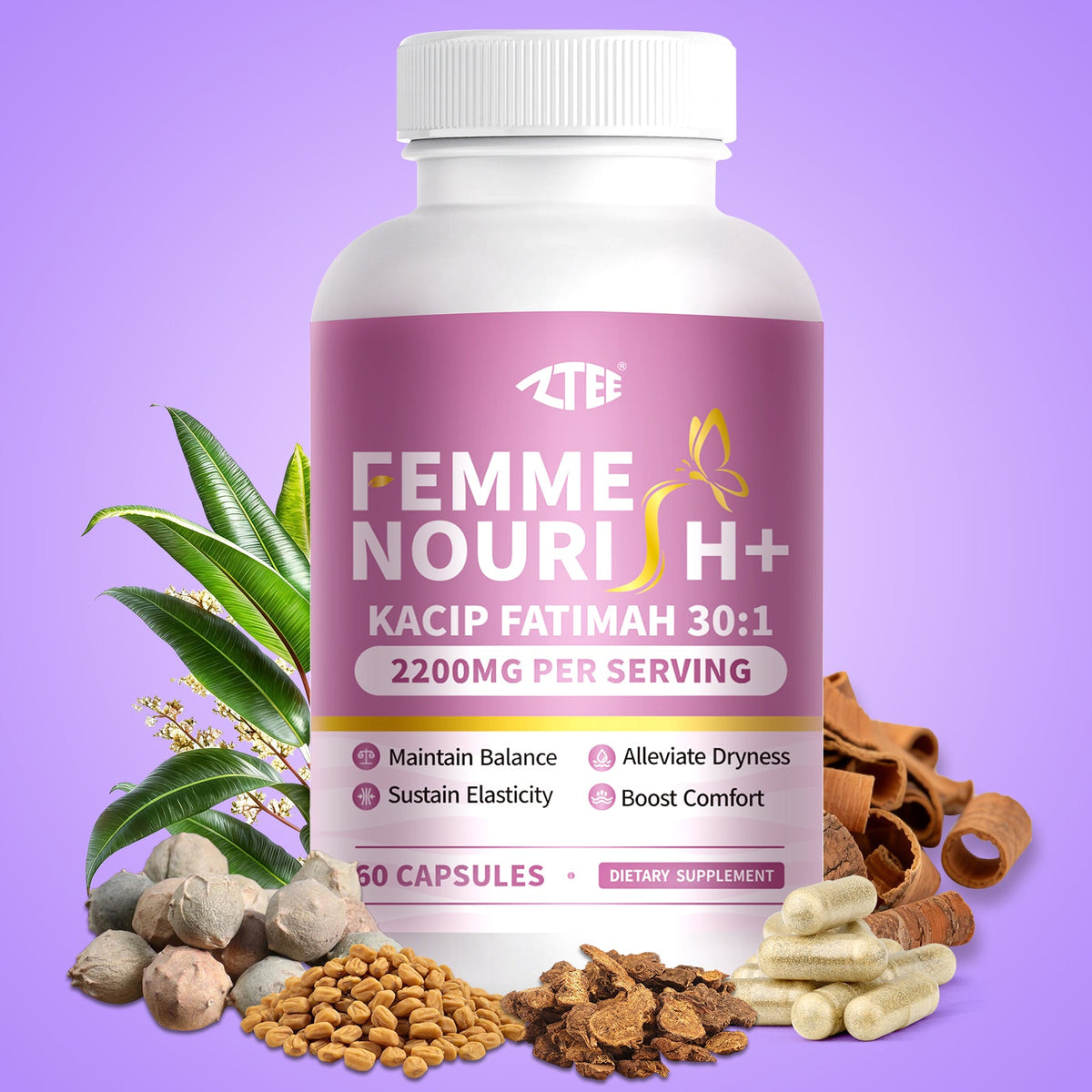 single bottle femme nourish kacip fatimah 30:1 extract 2200mg 60 capsules for women health