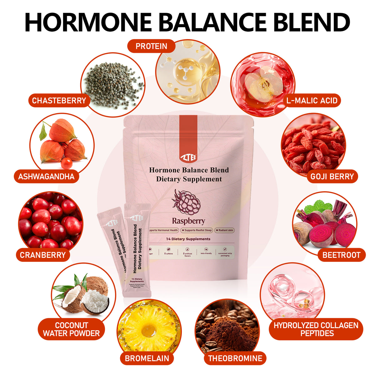 Hormone Balance Powder (Raspberry Flavor) | Chasteberry, Ashwagandha, Cranberry & Grass-Fed Collagen Peptides | 8g × 14 Sticks | Caffeine-Free Women's Health Support