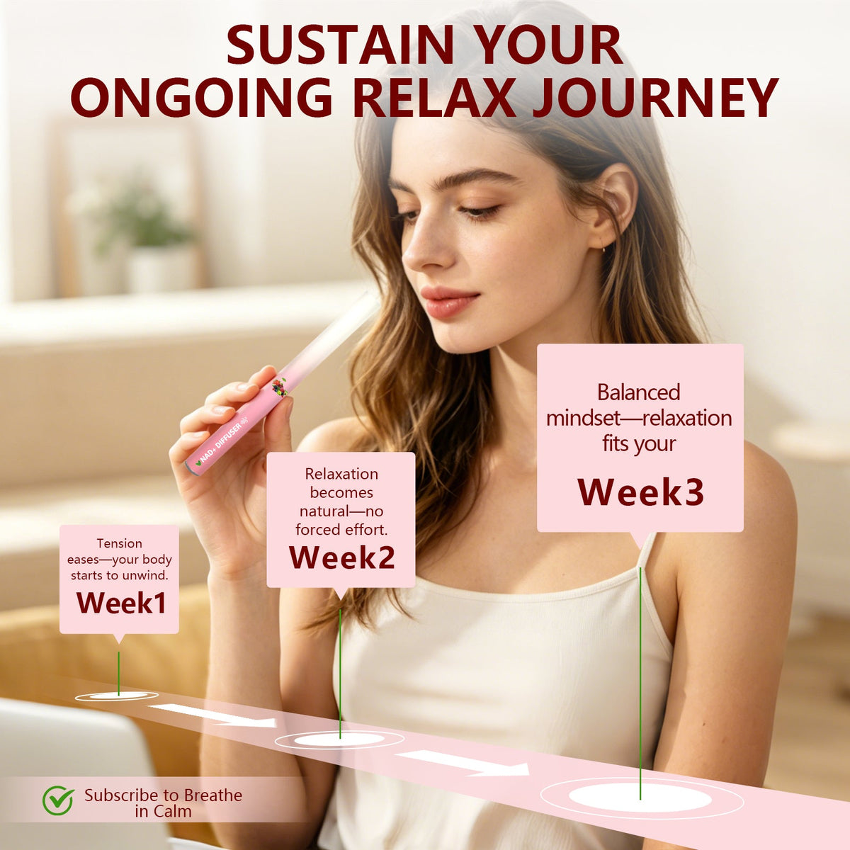 Woman using NAD+ personal aromatherapy diffuser stick for daily relaxation and stress management