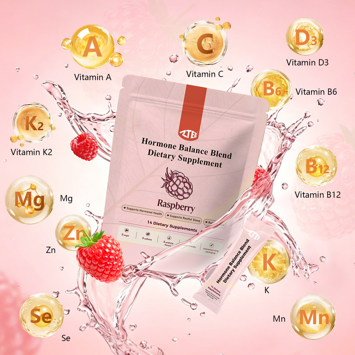 Hormone Balance Powder (Raspberry Flavor) | Chasteberry, Ashwagandha, Cranberry & Grass-Fed Collagen Peptides | 8g × 14 Sticks | Caffeine-Free Women's Health Support