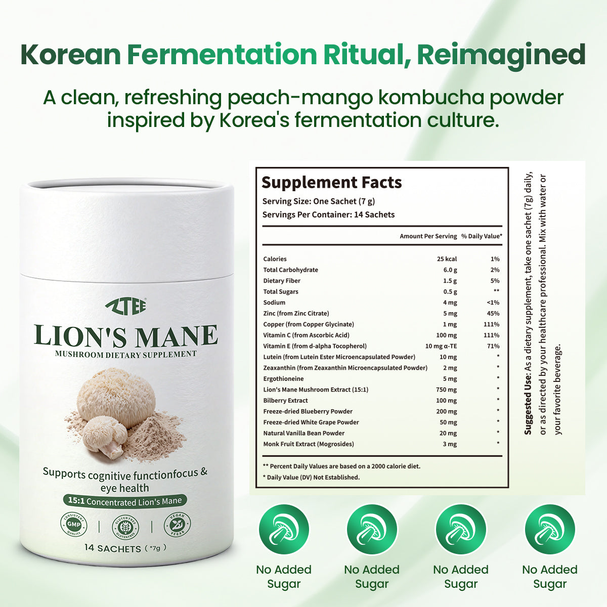 Lion's Mane Brain & Vision Powder | Lion's Mane + Ergothioneine + Lutein | 7g × 14 Sticks | Clear Brain Fog, Boost Focus & Support Eye Health