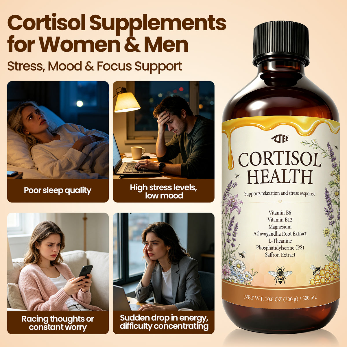 Cortisol Balance Liquid | Ashwagandha + L-Theanine + Phosphatidylserine + Saffron | 300ml | Stress Relief, Calm & Focus