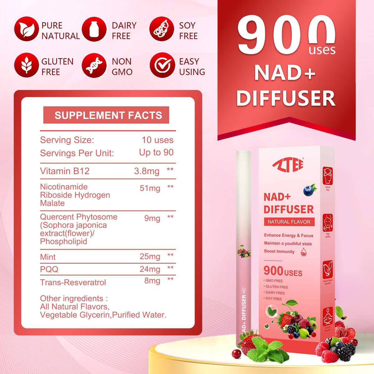 NAD+ diffuser 900 uses supplement facts label with resveratrol PQQ and vitamin B12