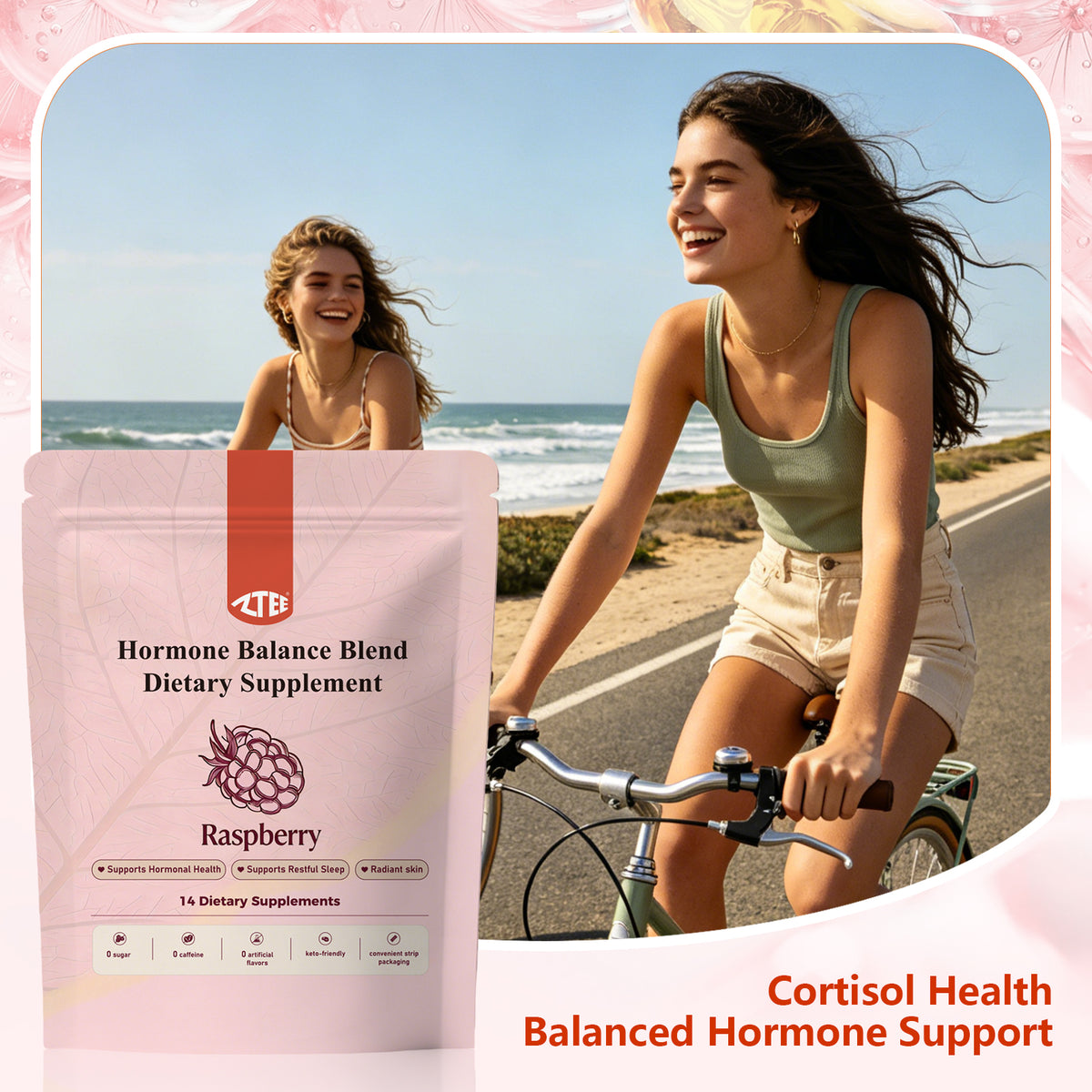 Hormone Balance Powder (Raspberry Flavor) | Chasteberry, Ashwagandha, Cranberry & Grass-Fed Collagen Peptides | 8g × 14 Sticks | Caffeine-Free Women's Health Support