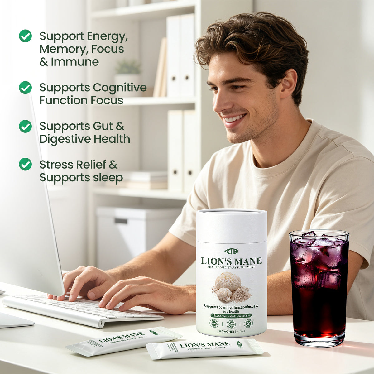 Lion's Mane Brain & Vision Powder | Lion's Mane + Ergothioneine + Lutein | 7g × 14 Sticks | Clear Brain Fog, Boost Focus & Support Eye Health